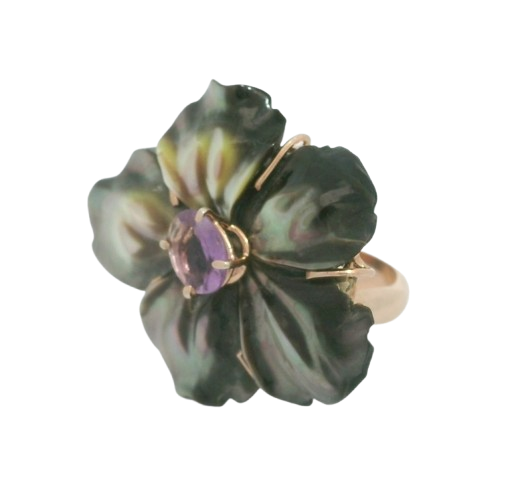 Eine Schönheit - Blütenring mit schwarzem Perlmutt und Amethyst – Bild 4